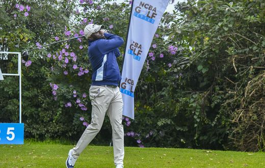 Titus Gichia tees off at the NCBA Golf Series at Limuru Country Club