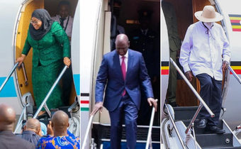 A collage of Presidents Samia Suluhu, William Ruto and Yoweri Museveni