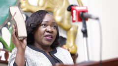 Ms. Claris Awuor Ogangah takes the oath of office during her swearing in as the new Chairperson of the Kenya National Commission on Human Rights in October 2025