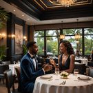AI-generated image of a couple talking in a restaurant