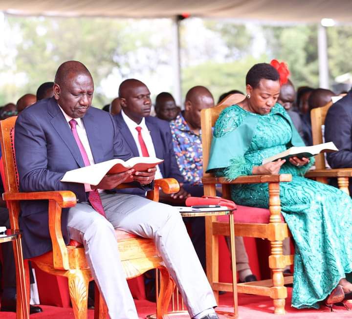 File image of President William Ruto and First Lady Rachel Ruto during a prayer service