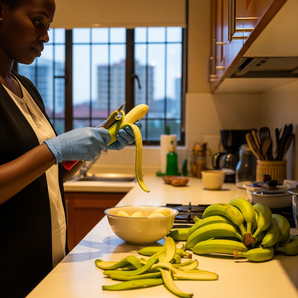 Wearing gloves when peeling bananas helps avoid sap stain on hands