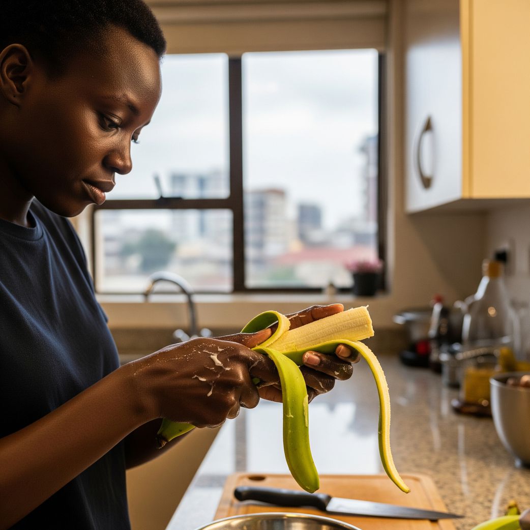 A person peeling bananas releasing sap in the kitchen