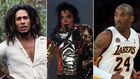 A collage of Bob Marley, Michael Jackson and Kobe Bryant