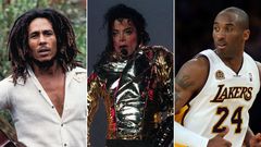 A collage of Bob Marley, Michael Jackson and Kobe Bryant