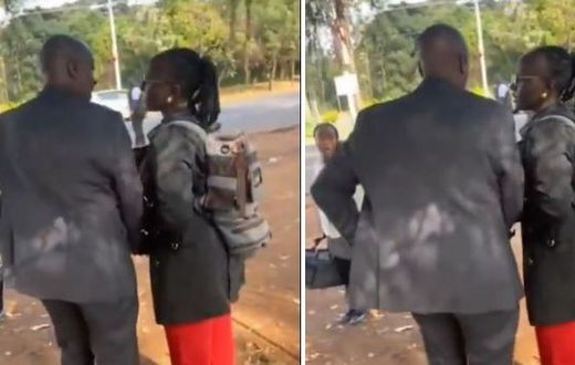 A DCI officer in a black suit allegedly harassing a Citizen TV journalist Agnes Oloo at DCI Headquarters along Kiambu Road