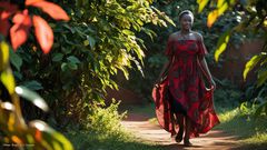 An AI-generated image of an African woman walking in nature