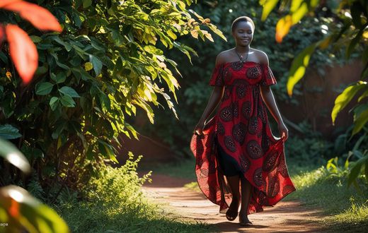 An AI-generated image of an African woman walking in nature