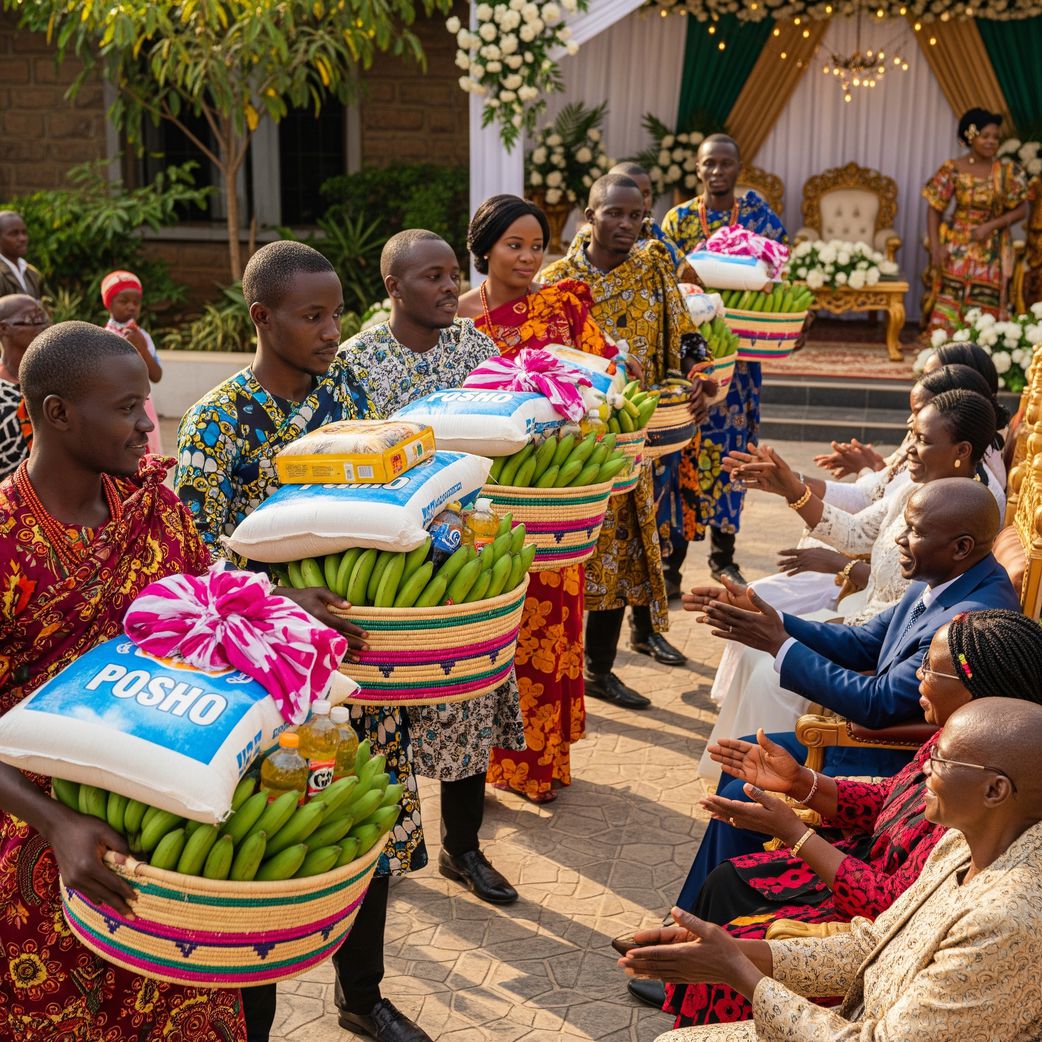 Designated gift bearers present gifts to the bride's family or clan