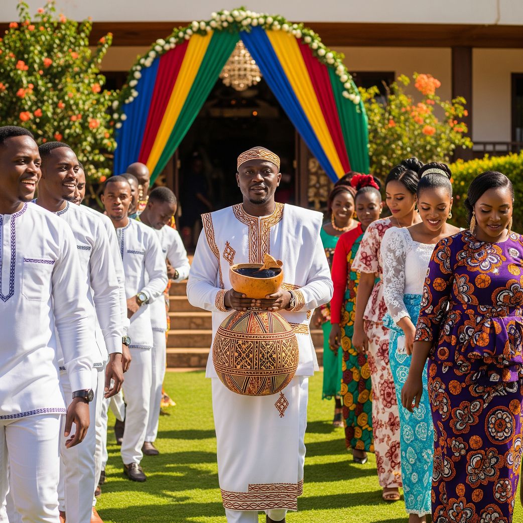 The groom’s party arrives in gender-segregated groups