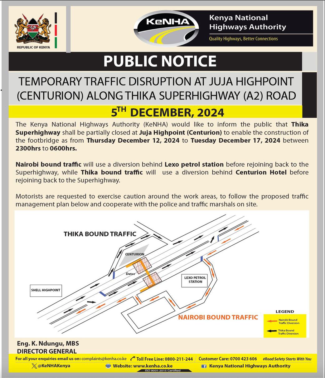 KeNHA announces 6-day traffic disruption along Thika Superhighway