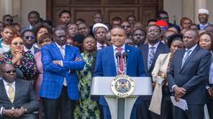 Kimani Kuria, the National Assembly’s Finance Committee chair, at a press briefing shortly after Kenya Kwanza’s Parliamentary Group at State House on June 18, 2024.