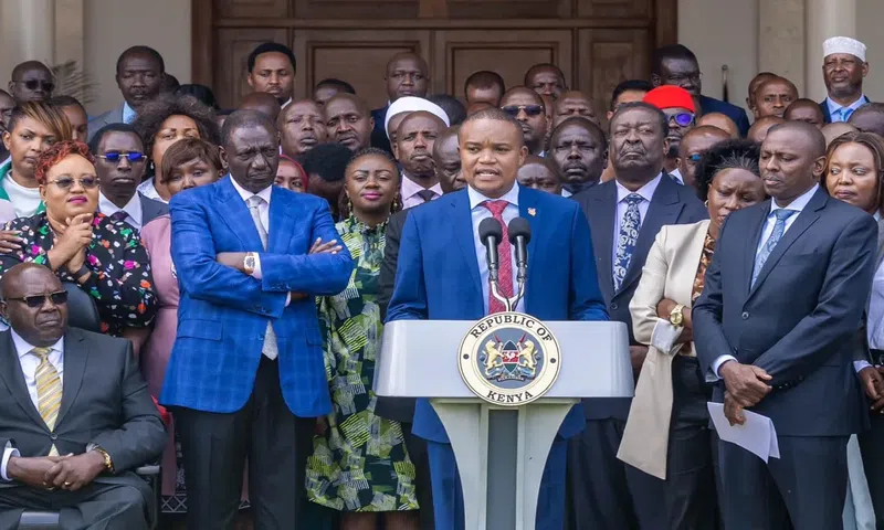 Kimani Kuria, the National Assembly’s Finance Committee chair, at a press briefing shortly after Kenya Kwanza’s Parliamentary Group at State House on June 18, 2024.