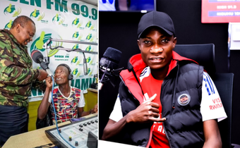 A collage of radio presenter Shaffie Zele with Uhuru Kenyatta and at Radio Maisha studio