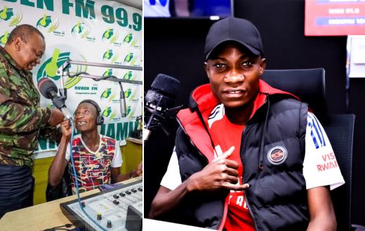A collage of radio presenter Shaffie Zele with Uhuru Kenyatta and at Radio Maisha studio