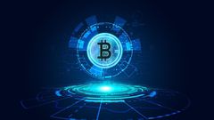 A futuristic illuminated version of the Bitcoin logo