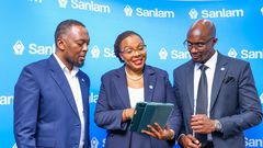 Isaac Mwangi, Head of Innovations, Sanlam Life, Jacqueline Karasha- CEO Sanlam Life and Jack Marwa – Head of Retirements Benefits – Sanlam Life during the Akiba Plus, a tech driven pension solution for flexible retirement planning.
