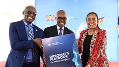 Kenya' Special Envoy on Technology Philip Thigo, Foreign Affairs PS Abraham Korir SingOei and Defence CS Soipan Tuya during the launch of the Diplomat's playbook on Artificial Intelligence at Uhuru Gardens