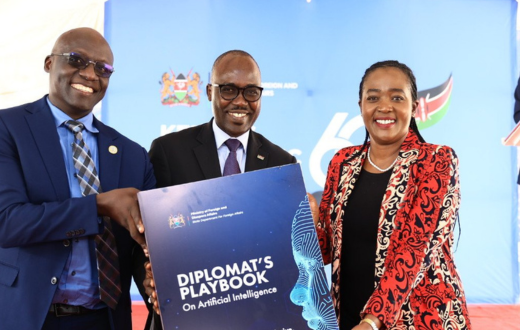 Kenya' Special Envoy on Technology Philip Thigo, Foreign Affairs PS Abraham Korir SingOei and Defence CS Soipan Tuya during the launch of the Diplomat's playbook on Artificial Intelligence at Uhuru Gardens