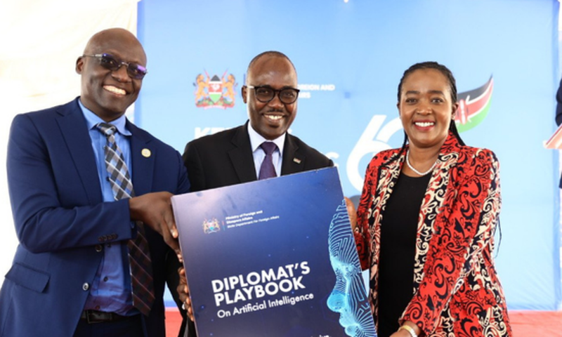 Kenya' Special Envoy on Technology Philip Thigo, Foreign Affairs PS Abraham Korir SingOei and Defence CS Soipan Tuya during the launch of the Diplomat's playbook on Artificial Intelligence at Uhuru Gardens