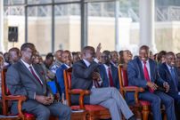 Prime Cabinet Secreatry Musalia Mudavadi, President William Ruto and Deputy President Kithure Kindiki  during a Kenya Kwanza Parliamentary Group meeting at State House, Nairobi.