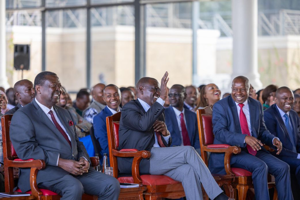 Prime Cabinet Secreatry Musalia Mudavadi, President William Ruto and Deputy President Kithure Kindiki  during a Kenya Kwanza Parliamentary Group meeting at State House, Nairobi.