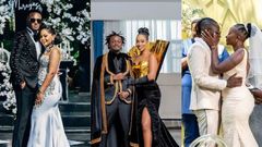 A collage image of celebrity couples DJ Mo & Size 8, Bahati& Diana and Guardian Angel & Esther Musila
