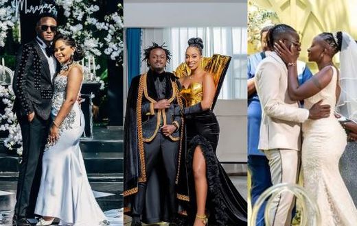A collage image of celebrity couples DJ Mo & Size 8, Bahati& Diana and Guardian Angel & Esther Musila
