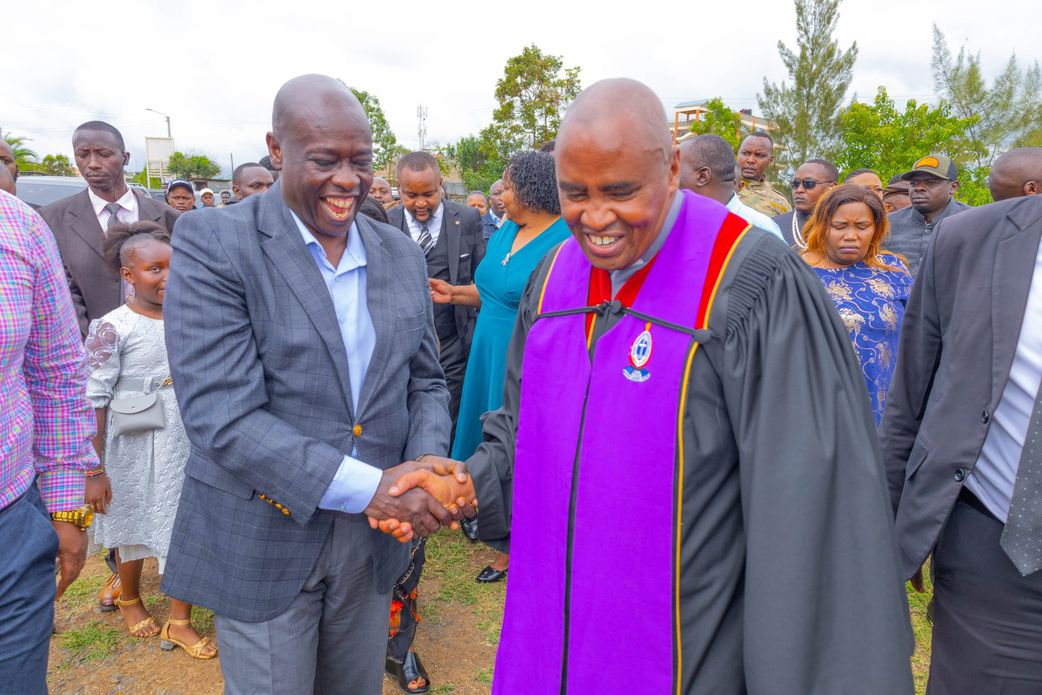 Former Deputy President Rigathi Gachagua interacts with religious leaders when he attended a service at PCEA church in Mwiki on April 6, 2025