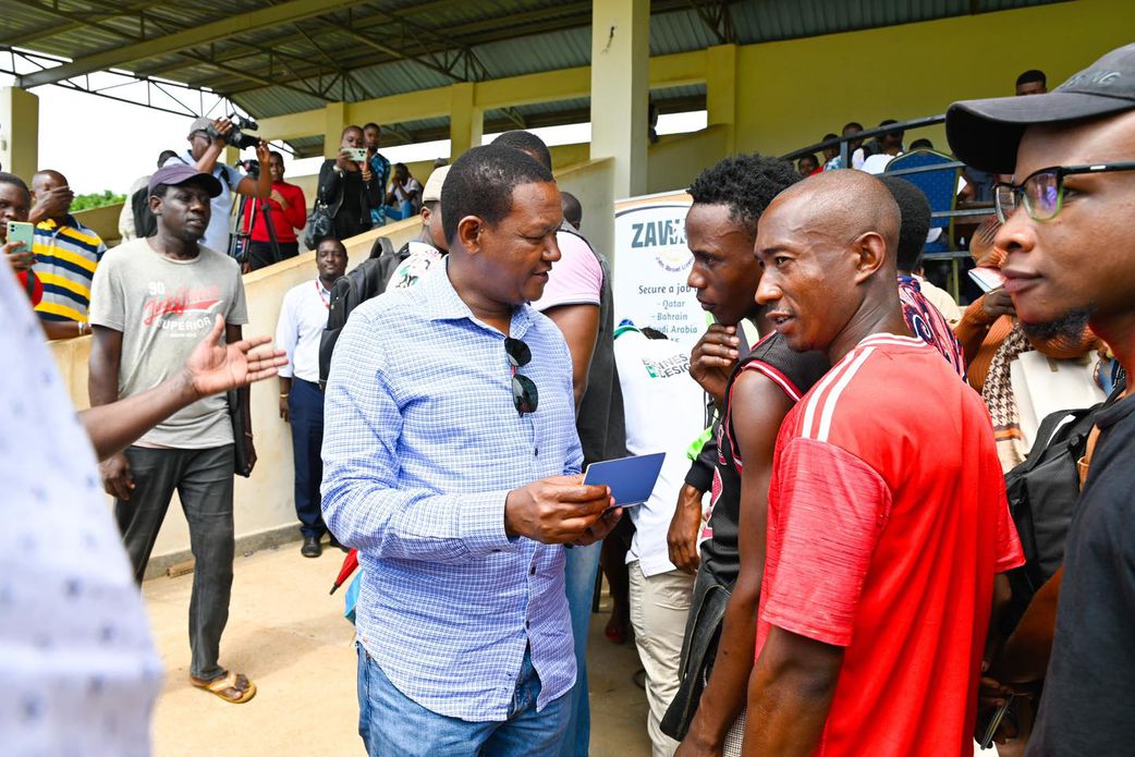 Labour CS Dr Alfred Mutua interacting with job seekers during a recent overseas jobs recruitment exercise