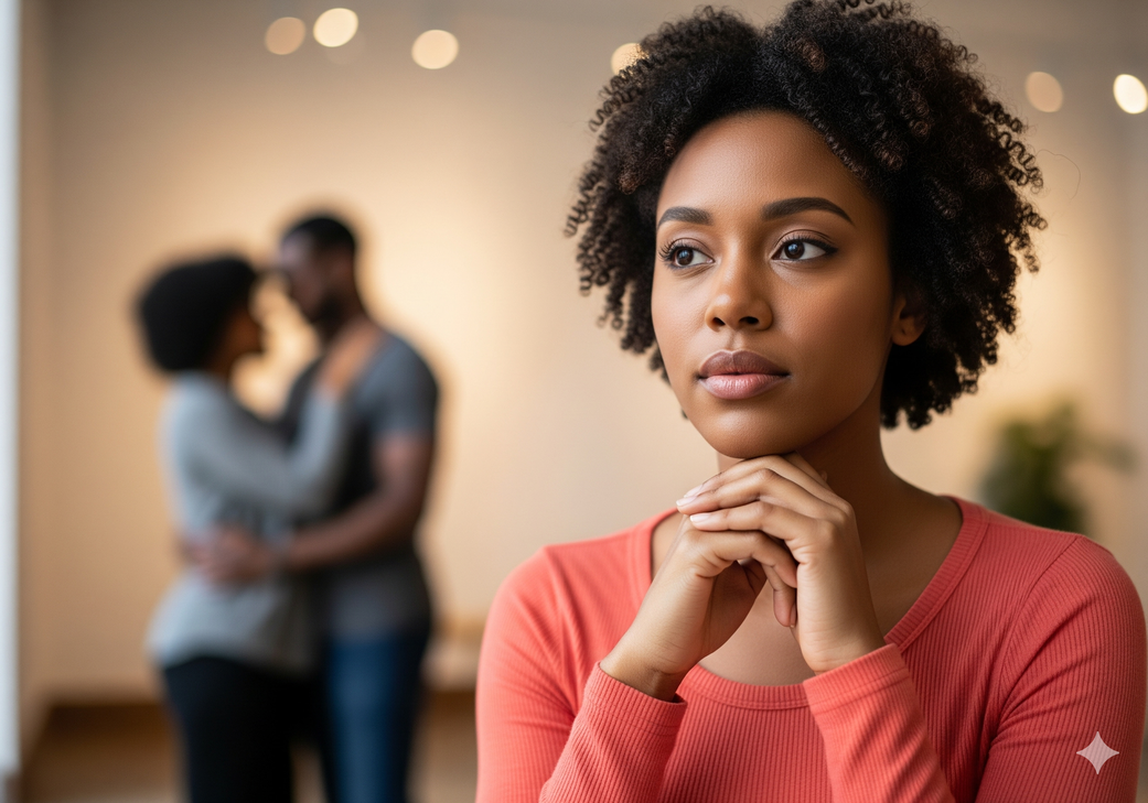 An AI-generated image of a young Black woman in a coral shirt looking pensive, while a blurred black couple in the background shares an intimate embrace