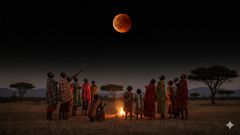 AI-generated photo of Africans looking up at the sky watching a lunar eclipse at night