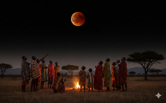 AI-generated photo of Africans looking up at the sky watching a lunar eclipse at night