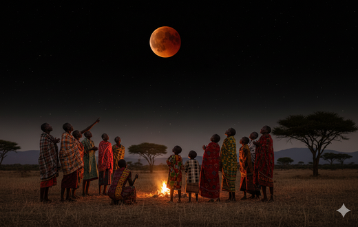 AI-generated photo of Africans looking up at the sky watching a lunar eclipse at night
