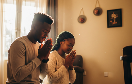 An AI-generated image of a young couple praying in the morning