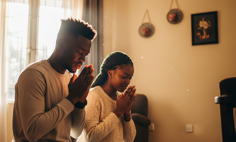 An AI-generated image of a young couple praying in the morning