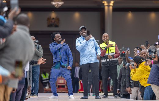 Singer Bahati on stage with President William Ruto and other guests on Saturday, August 9