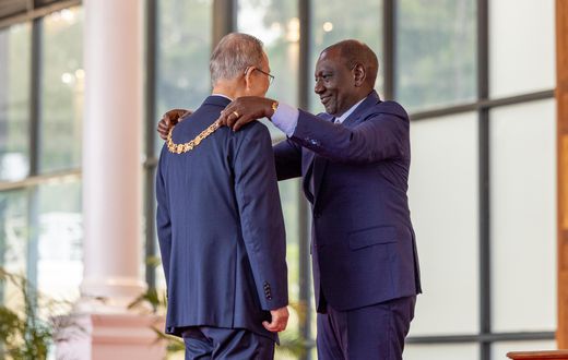 President William Ruto confers the Chief of the Order of the Golden Heart of Kenya award on former UN Secretary-General Ban  Ki-Moon