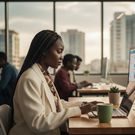 An AI-generated image of a young lady in an office working