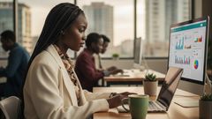 An AI-generated image of a young lady in an office working