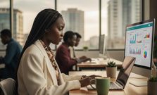 An AI-generated image of a young lady in an office working