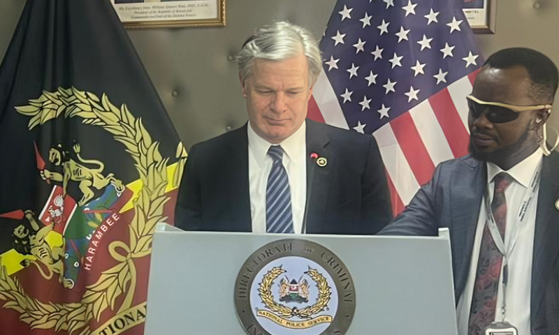 Federal Bureau of Investigations (FBI) Director Christopher Asher Wray during a past press briefing at the DCI headquarter in Nairobi