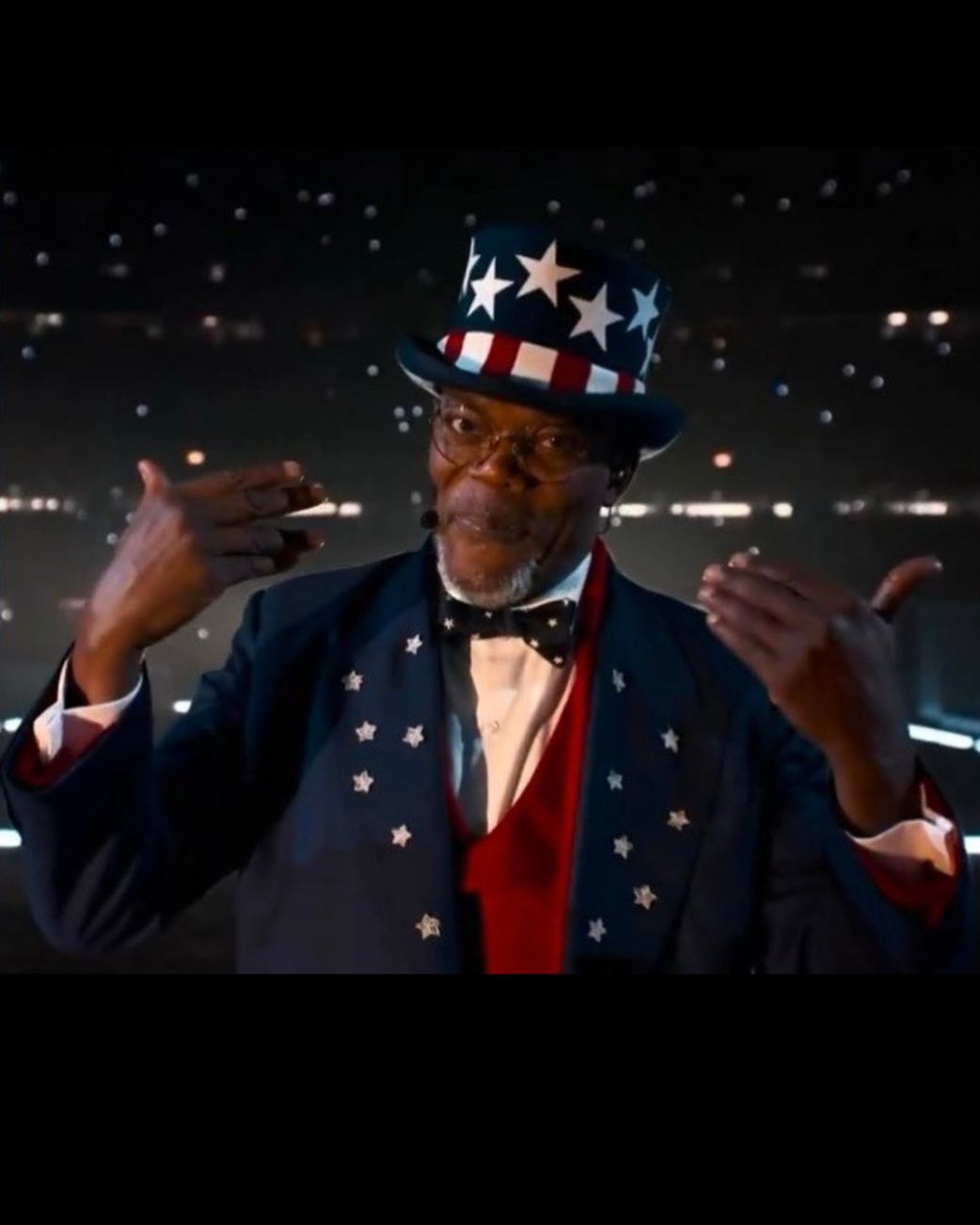 Samuel L Jackson during the Super Bowl half time performance