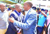Former Interior Cabinet Secretary Fred Matiang’í with Kisii governor Simba Arati as he acknowledged greetings from his supporters in Kisii town on May 2