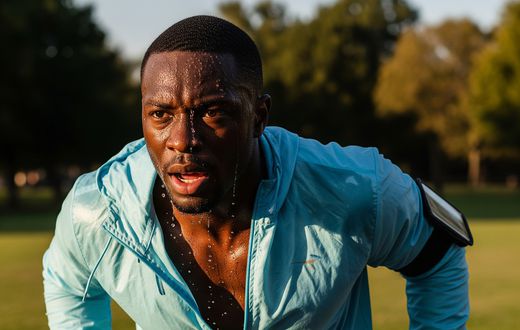 An AI-generated image of a man working out wearing a light-jacket