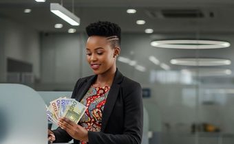 An AI-generated image of a lady holding banknotes