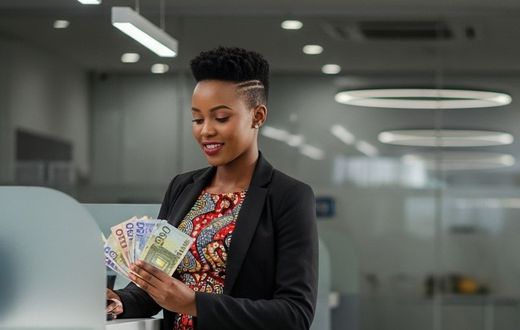An AI-generated image of a lady holding banknotes