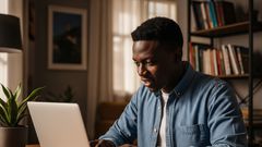 An AI-generated image of a young man using his laptop to apply for jobs