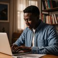 An AI-generated image of a young man using his laptop to apply for jobs