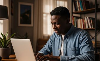 An AI-generated image of a young man using his laptop to apply for jobs